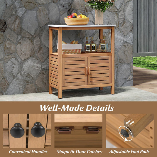 Goplus Outdoor Acacia Wood Buffet Cabinet with Marble-Like Countertop ( 31.5” x 16” x 35.5” )