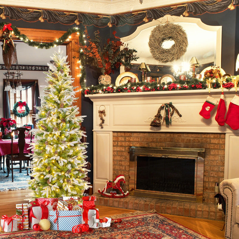 Load image into Gallery viewer, Goplus 6 FT Pre-Lit Pencil Christmas Tree, Artificial Snow Flocked Hinged Xmas Tree with 280 Warm-White LED Lights