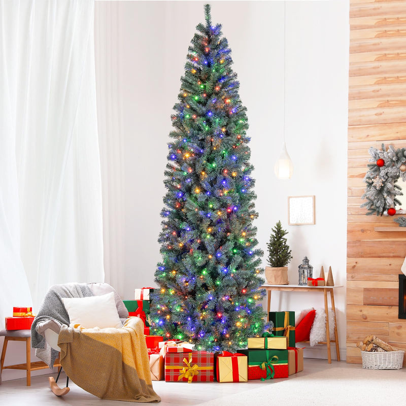 Load image into Gallery viewer, Goplus 9ft Pre-Lit Blue Slim Pencil Christmas Tree with 500 Warm White & Multicolored LED Lights, 9 Modes, 1168 Branch Tips