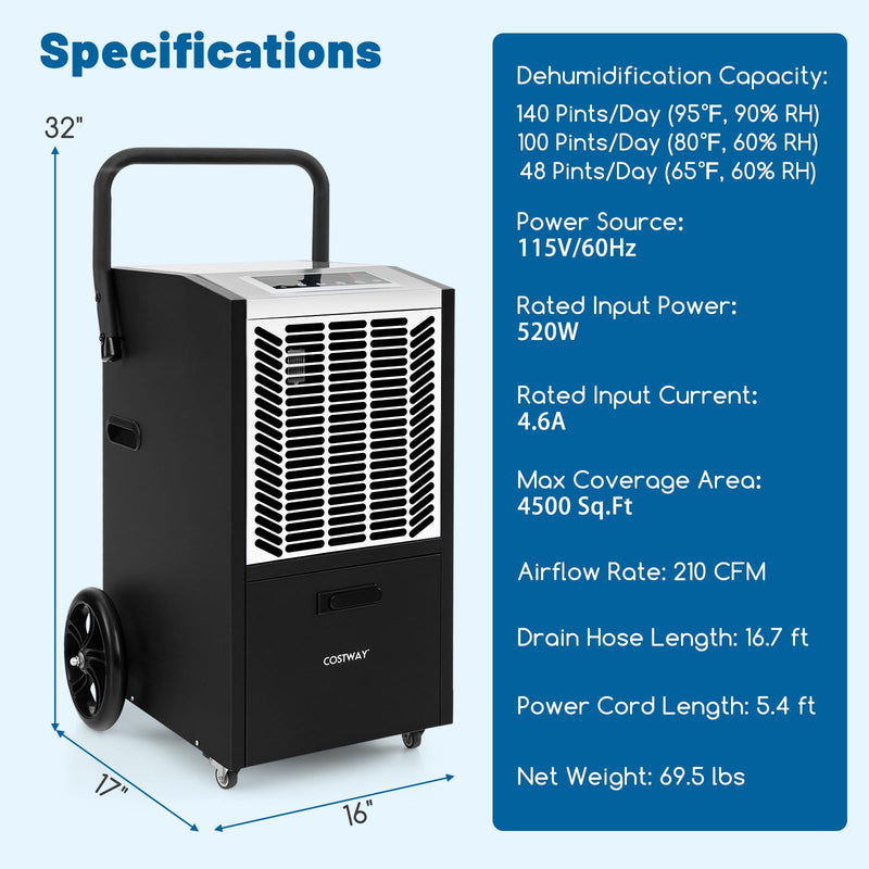 Load image into Gallery viewer, 163 Pints Commercial Dehumidifier, 4500 Sq.Ft Dehumidifier with Pump & Drain Hose