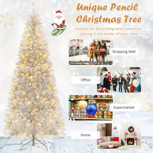 Goplus 6ft Pre-lit Silver Pencil Christmas Tree, Artificial Tinsel Electroplated Tree, Decor for Home