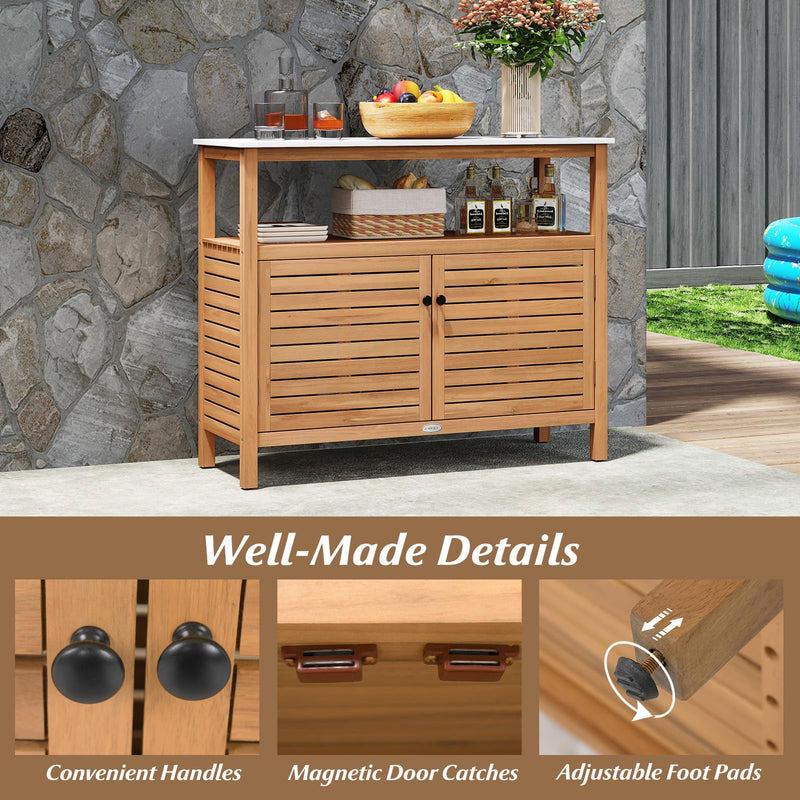 Load image into Gallery viewer, Goplus Outdoor Potting Bench with 2-Door Storage Cabinet & Faux Marble Tabletop
