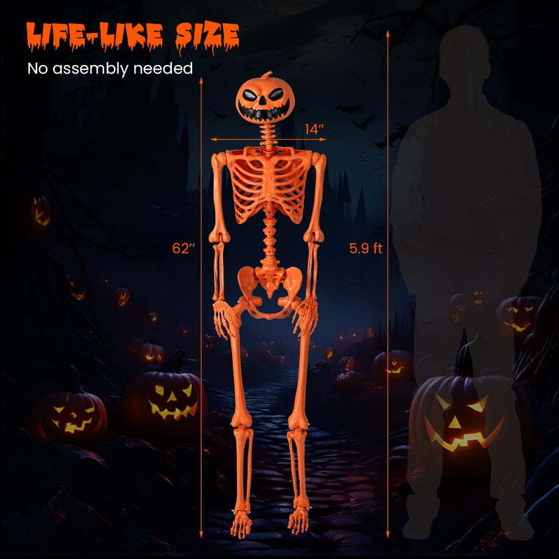 Load image into Gallery viewer, Goplus 5.2 Ft Life-Size Posable Skeleton with Pumpkin Head Halloween Orange Skeleton Decoration