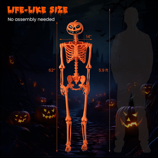 Goplus 5.2 Ft Life-Size Posable Skeleton with Pumpkin Head Halloween Orange Skeleton Decoration