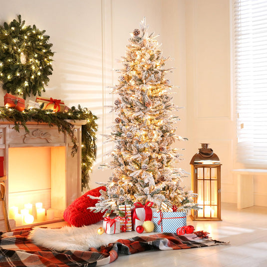 6ft Pre-Lit Snow Flocked Christmas Tree Artificial Hinged Xmas Tree with 210 Warm-White Incandescent Lights
