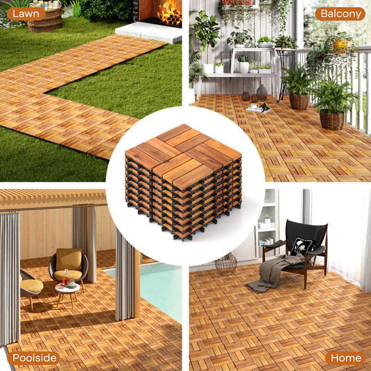 Goplus 27 PCS Interlocking Patio Deck Tile 12” x 12” Acacia Wood Patio Tiles