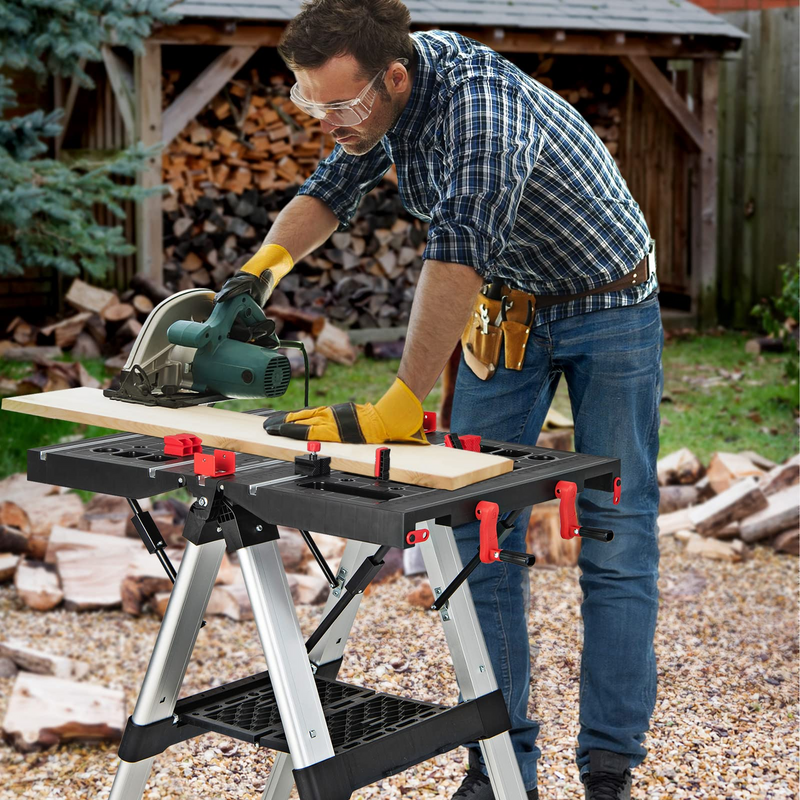 Load image into Gallery viewer, Goplus Portable Workbench, Folding Work Table & Sawhorse with Adjustable Height, 440LBS Capacity
