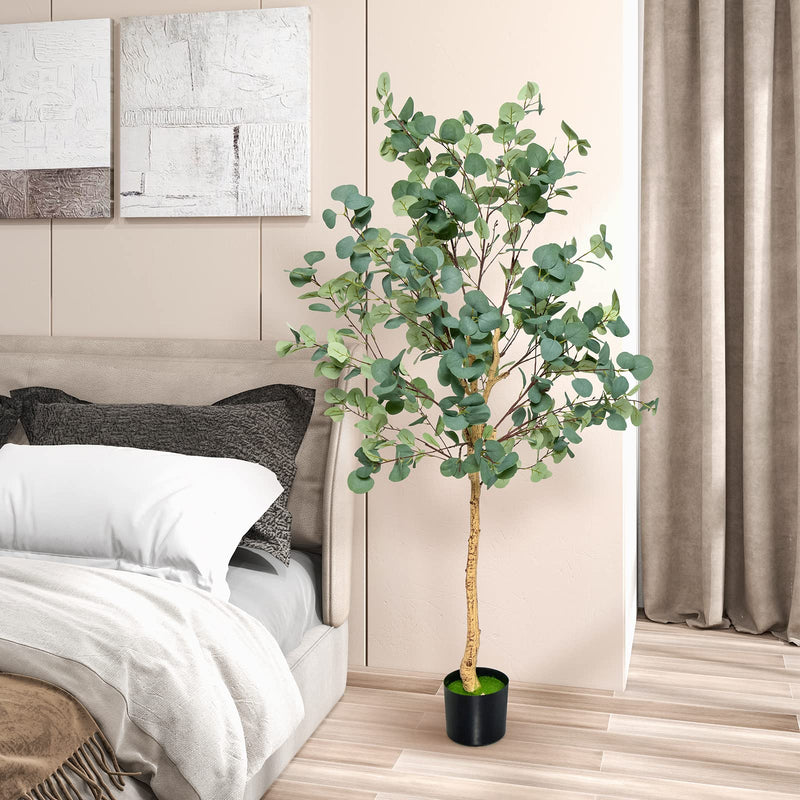 Load image into Gallery viewer, Goplus 5.5ft Artificial Eucalyptus Tree, Tall Faux Eucalyptus Stems Fake Plants in Pot with 517 Silver Dollar Leaves