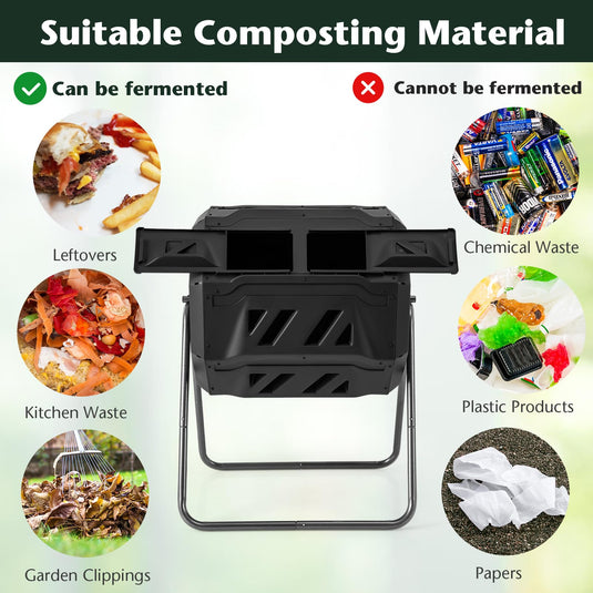 Goplus Compost Bin, 42-Gal Dual Chamber Composting Tumbler w/2 Sliding Doors, Heavy-Duty Metal Frame