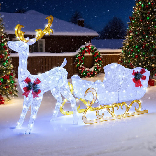 Goplus Lighted Christmas Reindeer and Sleigh w/ 215 LED Lights