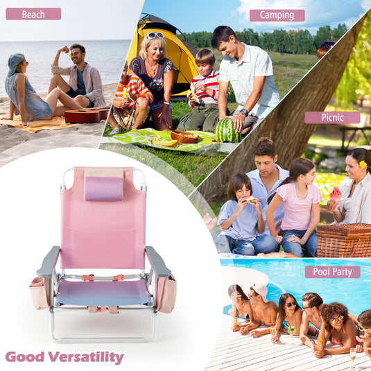 Goplus Backpack Beach Chairs, 4 Pcs Portable Camping Chairs with Cool Bag and Cup Holder