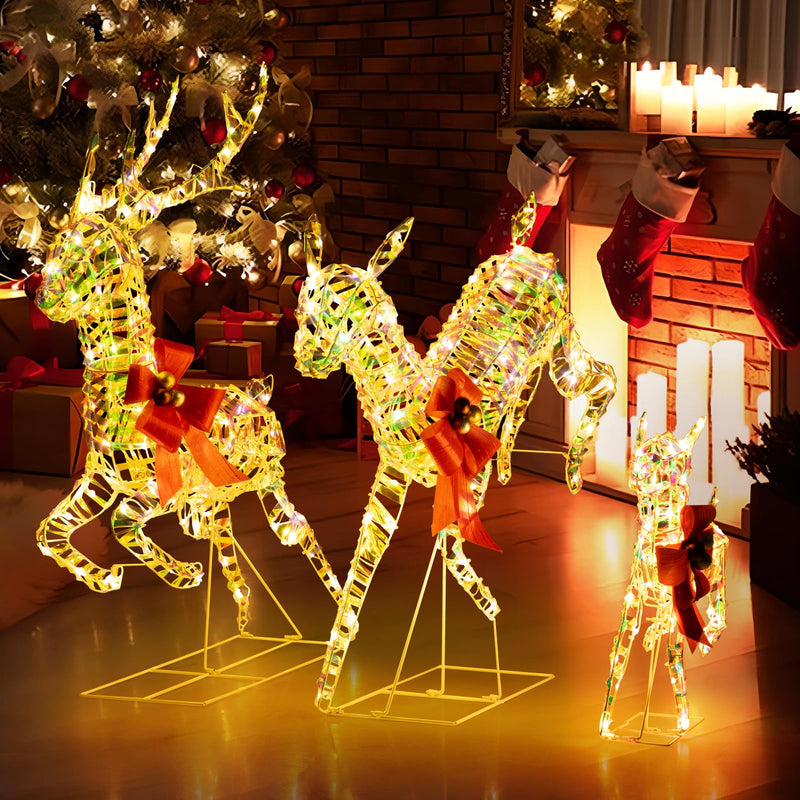 Load image into Gallery viewer, Goplus Christmas Lighted Reindeer, Set of 3 Reindeer Decorations with LED Lights and Red Bows