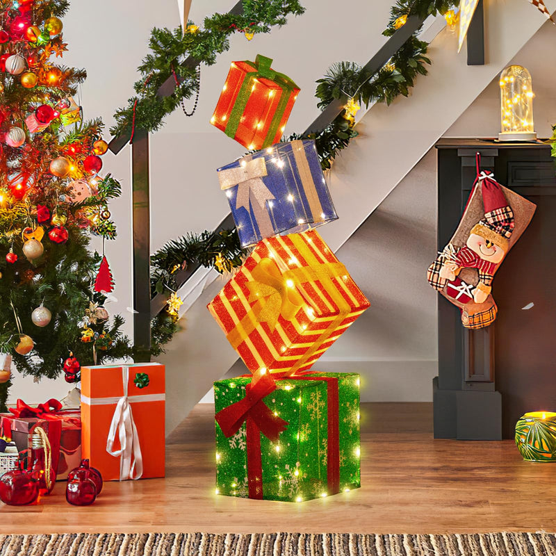 Load image into Gallery viewer, Goplus Lighted Gift Boxes, Set of 4 Stackable Pre-lit Box Decorations with Warm White LED Lights & Pre-Assembled Ribbons