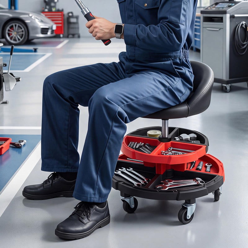 Load image into Gallery viewer, Goplus 360° Rolling Mechanic Stool with 2 Tool Storage Trays