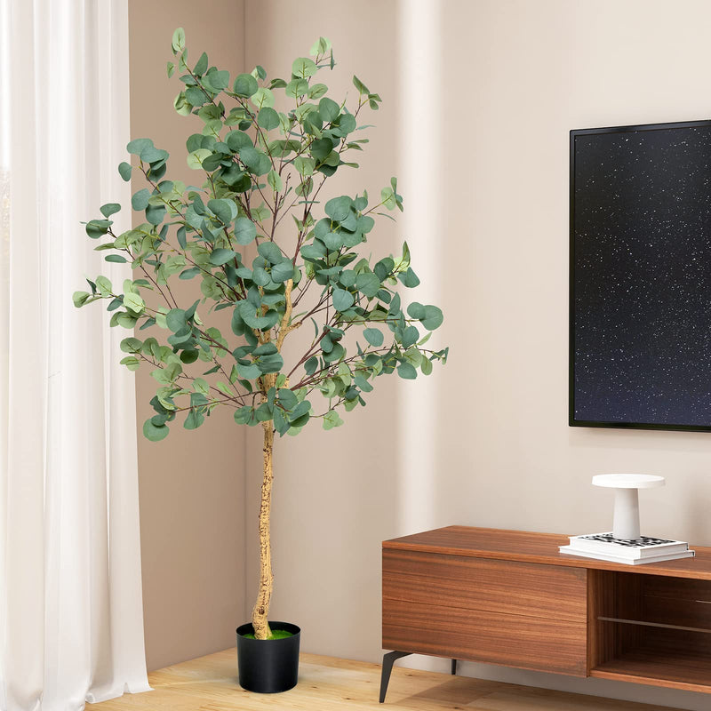 Load image into Gallery viewer, Goplus 5.5ft Artificial Eucalyptus Tree, Tall Faux Eucalyptus Stems Fake Plants in Pot with 517 Silver Dollar Leaves
