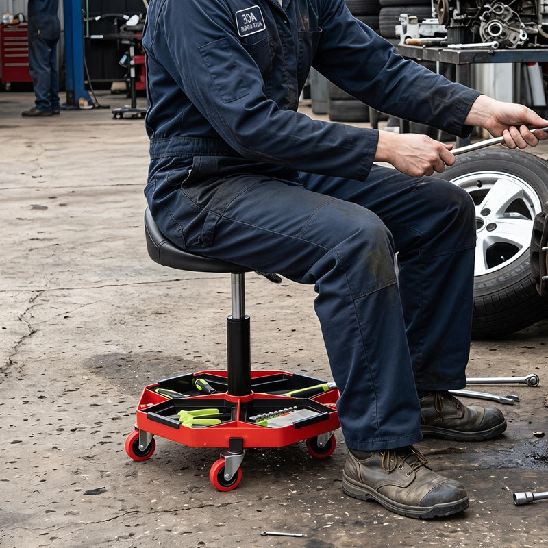 Load image into Gallery viewer, Goplus Rolling Mechanic Stool with Tool Storage Tray | PU Leather Seat Cushion