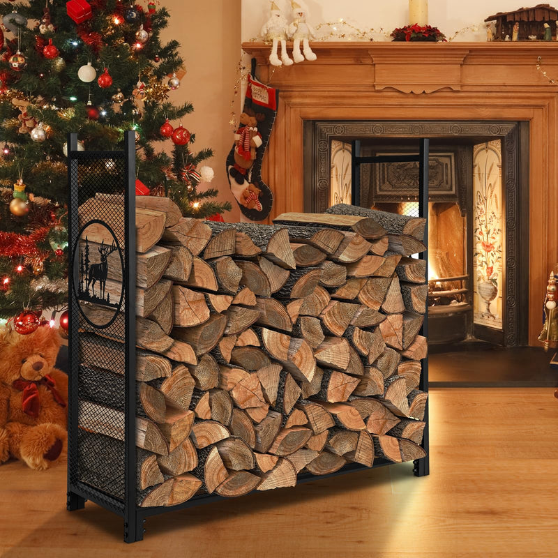 Load image into Gallery viewer, Goplus Firewood Rack Outdoor, 4 FT Metal Log Storage Rack with Mesh Sides & Base