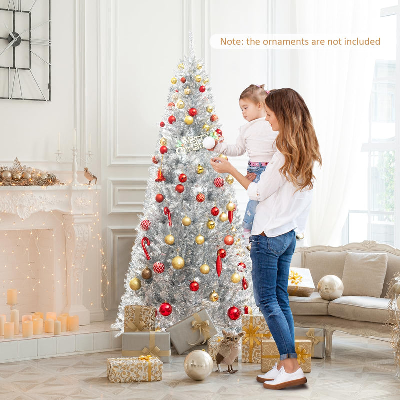 Load image into Gallery viewer, Goplus 6ft Pre-lit Silver Pencil Christmas Tree, Artificial Tinsel Electroplated Tree, Decor for Home