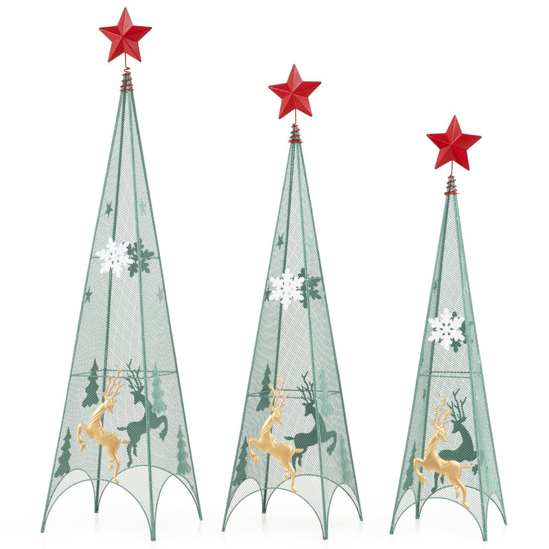 Load image into Gallery viewer, Goplus Set of 3 Tower Shaped Christmas Trees (3ft/3.5ft/4ft), Artificial Xmas Metal Trees with Removable Star Toppers & Reindeer