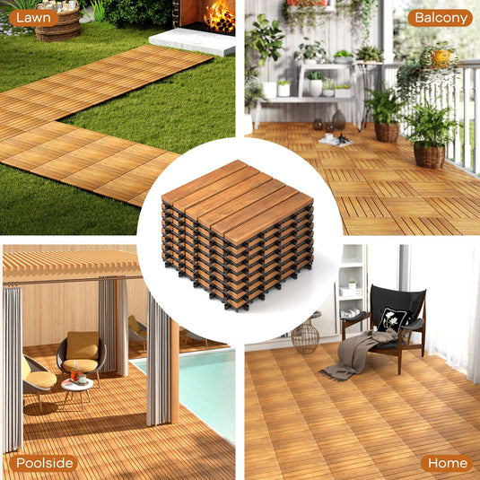 Goplus 12” x 12” Stripe Pattern Acacia Wood Patio Tiles ( 27 PCS )