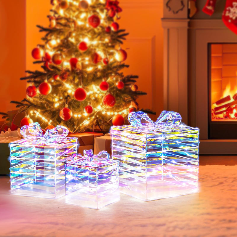 Load image into Gallery viewer, Goplus 3 Pieces Christmas Lighted Gift Boxes, 90 LED Light up Present Boxes with Bows, Zip Ties & Ground Stakes