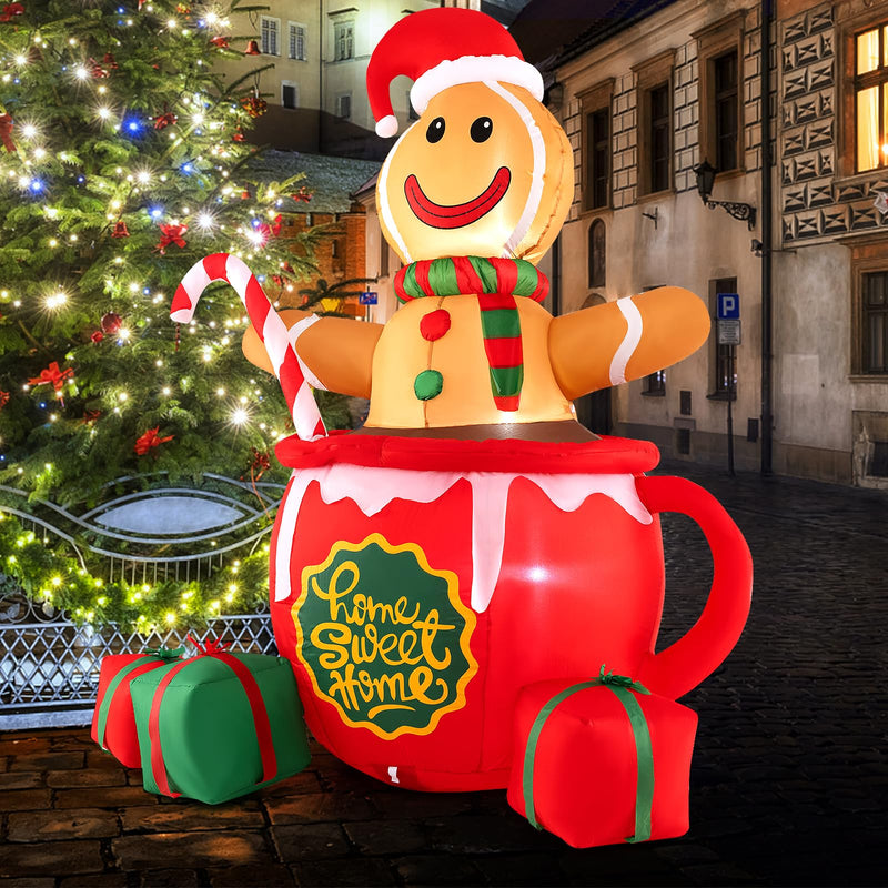Load image into Gallery viewer, Goplus 7 Ft Christmas Inflatable, Blow up Pre-Lit Gingerbread Man in Mug with Gift Boxes & Candy Cane