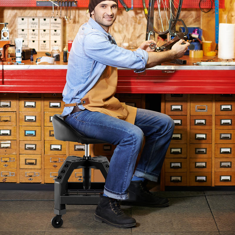 Load image into Gallery viewer, Goplus Mechanic Stool with Wheels, Adjustable Height Swivel Shop Stool Roller Seat with Tool Tray