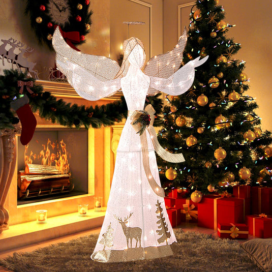 Goplus Pre-lit 3D Glittered Angel with 100 Warm White Lights Halo Bow Ground Stakes
