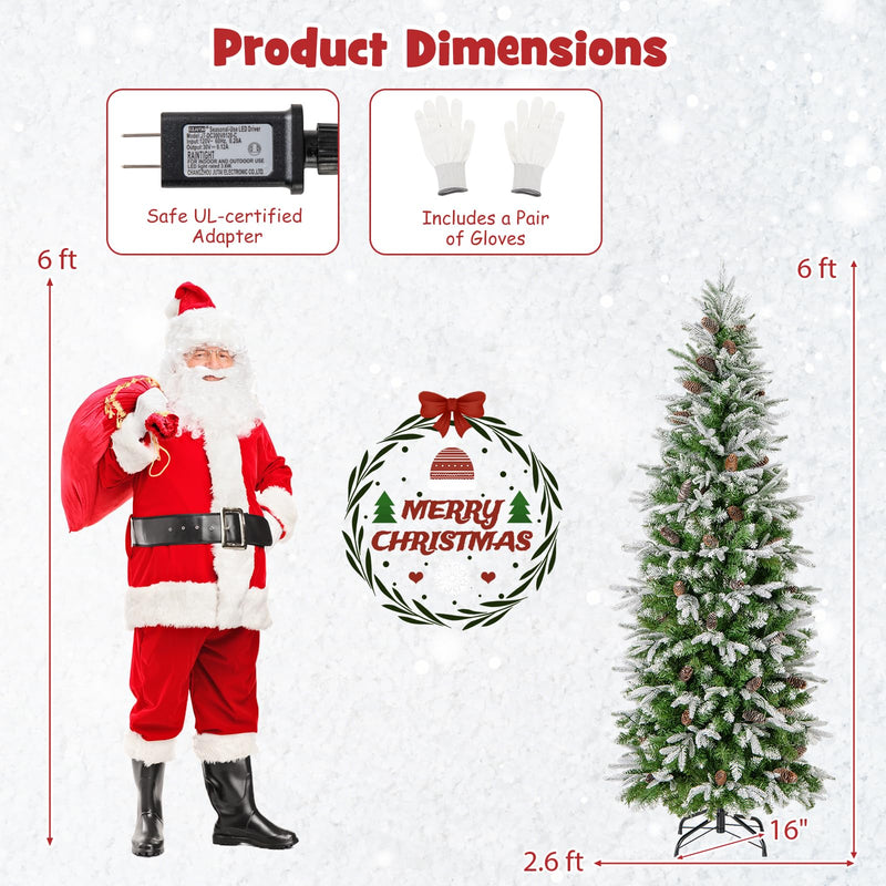 Load image into Gallery viewer, Goplus 6 FT Pre-Lit Pencil Christmas Tree, Artificial Snow Flocked Hinged Xmas Tree with 280 Warm-White LED Lights