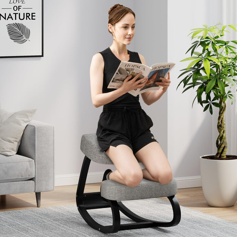 Load image into Gallery viewer, Goplus Ergonomic Kneeling Chair, Rocking Upright Posture Chair with Soft Seat & Knee Pads, Gray and Black