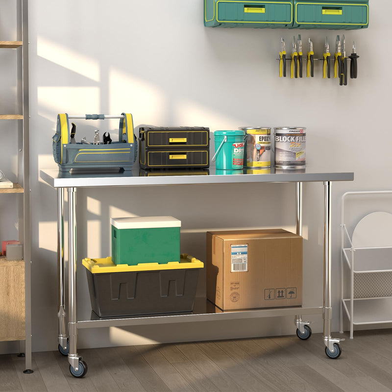 Load image into Gallery viewer, Goplus Stainless Steel Table with Wheels, 60” x 24” Rolling Kitchen Prep Table Work Table with Height Adjustable Under Shelf
