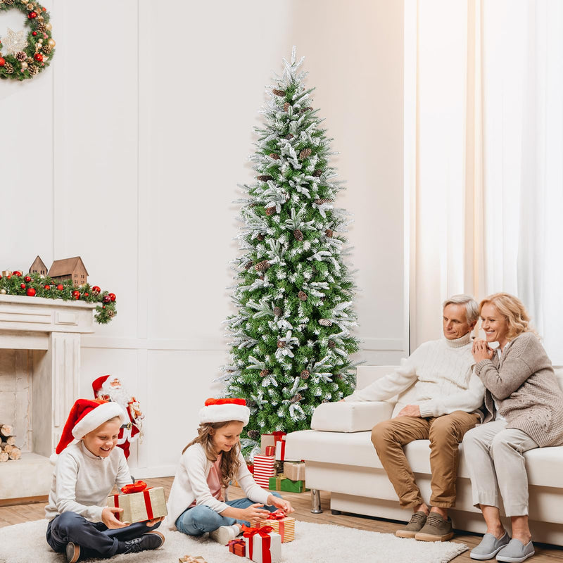 Load image into Gallery viewer, Goplus 7.5 FT Pre-Lit Pencil Christmas Tree, Artificial Snow Flocked Hinged Fake Slim Xmas Tree with 350 Warm-White LED Lights