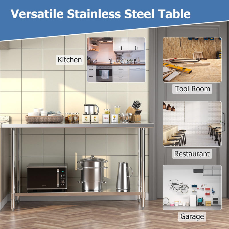 Load image into Gallery viewer, Goplus Stainless Steel Table, 24 x 60 Inches Kitchen Prep & Work Table w/Adjustable Undershelf & Footpads