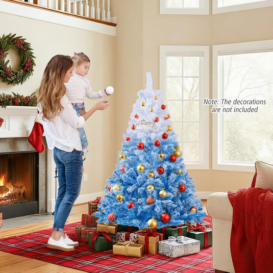Goplus Pre-Lit Snow Flocked Christmas Tree | Artificial Hinged Xmas Full Tree