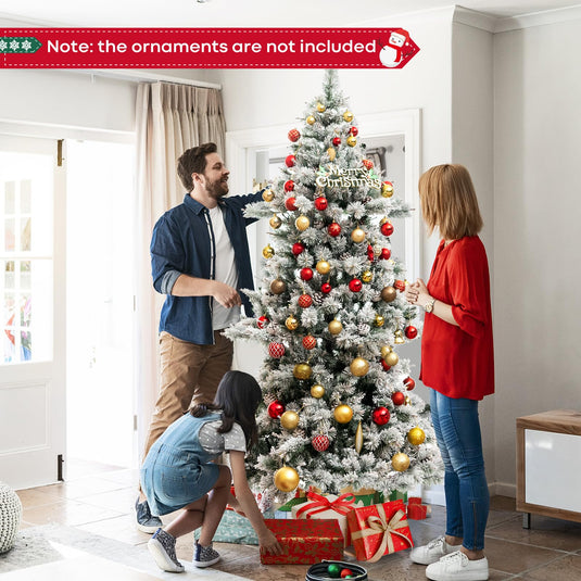 Goplus 7 FT Pre-Lit Snow Flocked Christmas Tree, Artificial Hinged Xmas Tree with 1057 PVC & Pine Needles Branch Tip