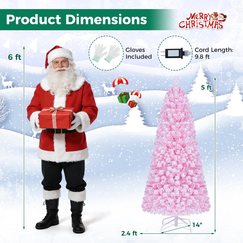 Load image into Gallery viewer, Goplus 5ft/6ft/7ft Pink Pre-Lit Flocked Christmas Trees | Hinged Artificial Xmas Tree