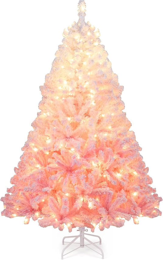 Goplus Pre-Lit Snow Flocked Christmas Tree | Artificial Hinged Xmas Full Tree