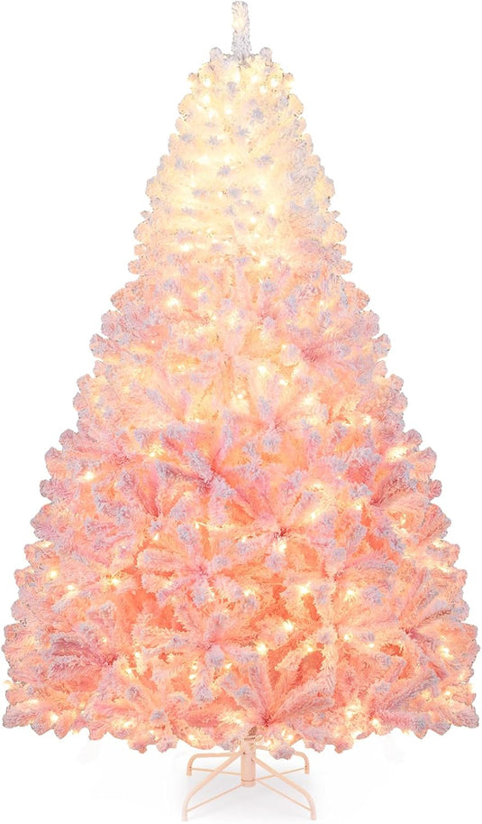 Goplus Pre-Lit Snow Flocked Christmas Tree | Artificial Hinged Xmas Full Tree