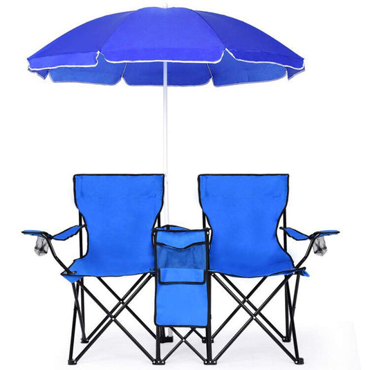 Double Folding Picnic Chairs Umbrella Mini Table Beverage Holder Carrying Bag - GoplusUS