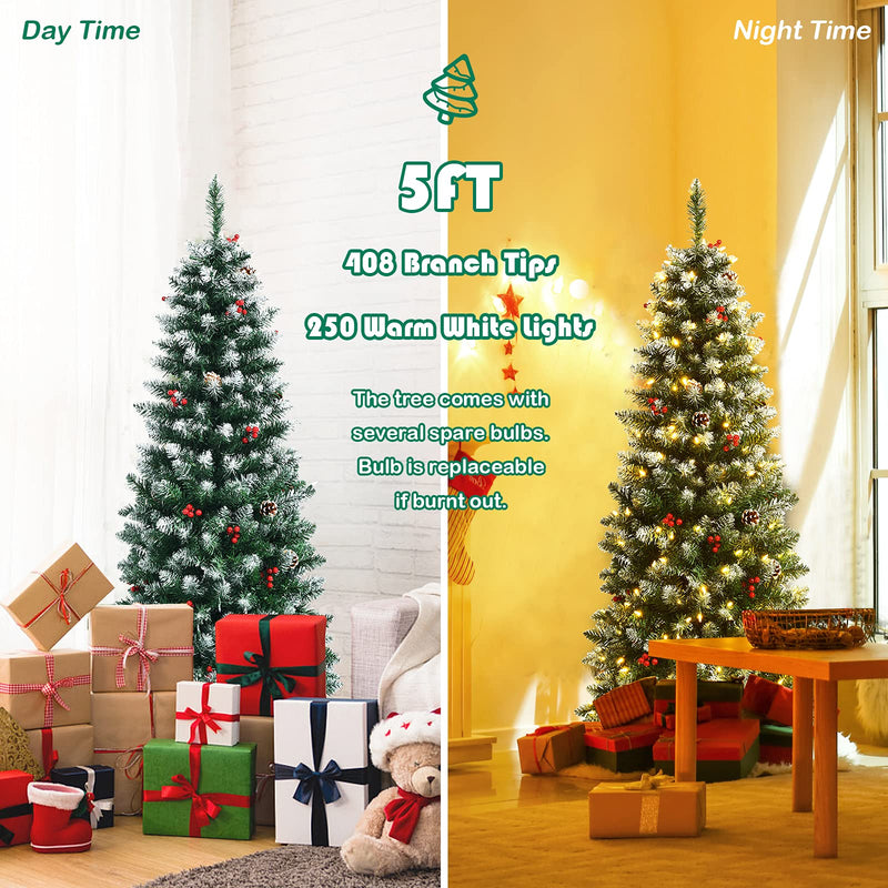 Load image into Gallery viewer, 5ft Pre-lit Pencil Christmas Tree, Snow Flocked Artificial Hinged Xmas Tree - GoplusUS