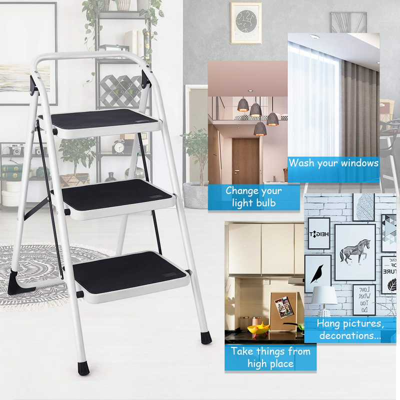 Load image into Gallery viewer, Goplus 3 Step Ladder, Folding Heavy Duty Step Stool Lightweight Steel Ladder, 340lbs Capacity (Black) - GoplusUS