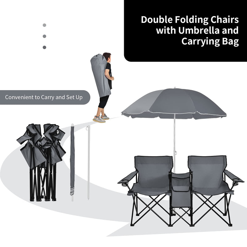 Load image into Gallery viewer, Double Folding Picnic Chairs Umbrella Mini Table Beverage Holder Carrying Bag - GoplusUS