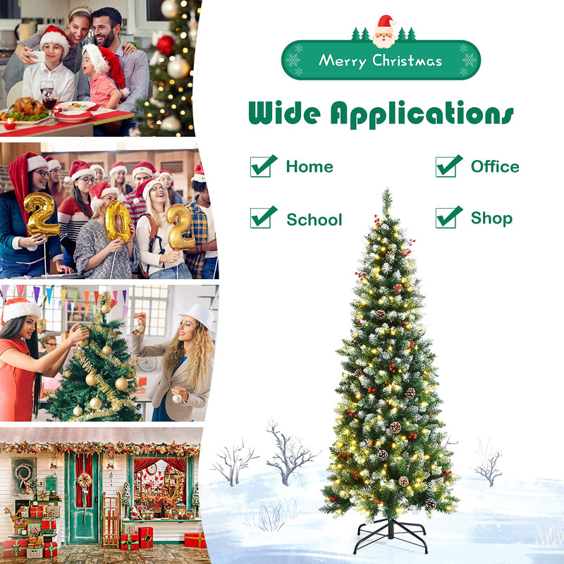 Load image into Gallery viewer, 5ft Pre-lit Pencil Christmas Tree, Snow Flocked Artificial Hinged Xmas Tree - GoplusUS