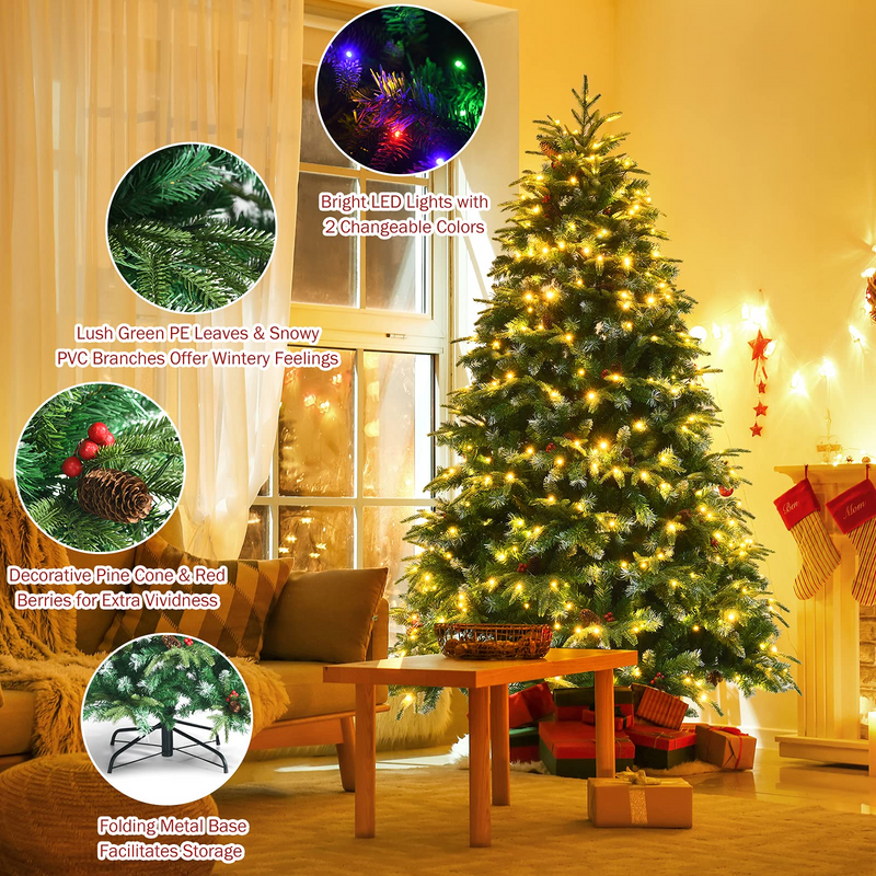 Load image into Gallery viewer, Goplus 7FT Pre-Lit Artificial Christmas Tree, Hinged Realistic Snowy Xmas Pine Tree W/ 450 Color Changing LED Lights, 11 Flash Modes - GoplusUS