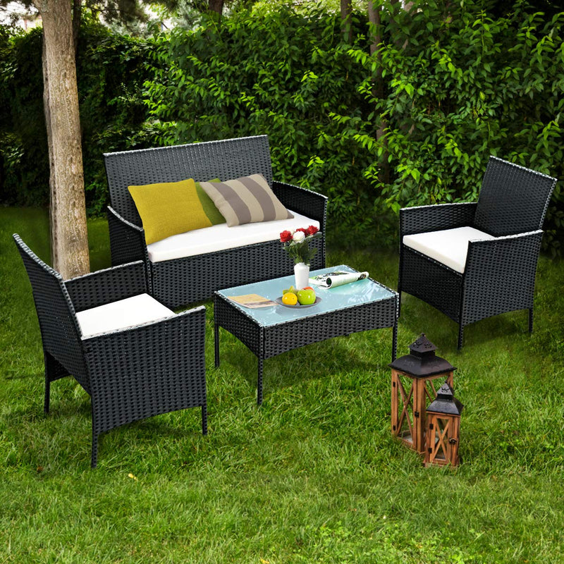 Load image into Gallery viewer, Rattan Sofa Furniture Set Outdoor Garden Patio 4-Piece Cushioned Seat Wicker (Black)