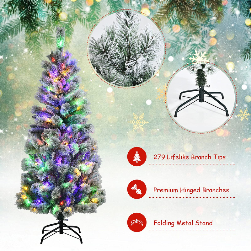 Load image into Gallery viewer, Goplus 5ft Pre-lit Snow Flocked Christmas Tree, Premium Hinged Artificial Pine Tree w/ 9 Lighting Modes & 140 Color Changing LED Lights - GoplusUS