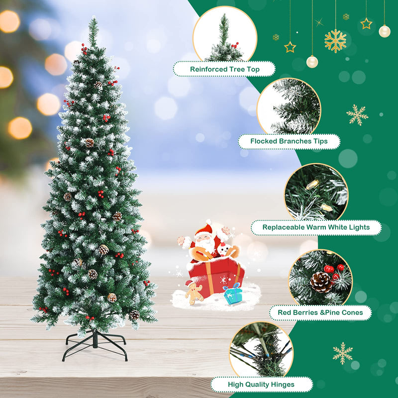 Load image into Gallery viewer, 5ft Pre-lit Pencil Christmas Tree, Snow Flocked Artificial Hinged Xmas Tree - GoplusUS