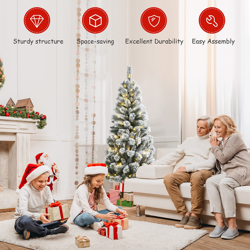 Load image into Gallery viewer, Goplus 5ft Pre-lit Snow Flocked Christmas Tree, Premium Hinged Artificial Pine Tree w/ 9 Lighting Modes & 140 Color Changing LED Lights - GoplusUS