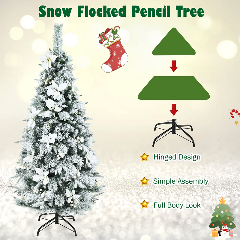 Load image into Gallery viewer, Goplus Snow Flocked Pencil Christmas Tree, Hinged Artificial Skinny Xmas Tree with White Berries - GoplusUS