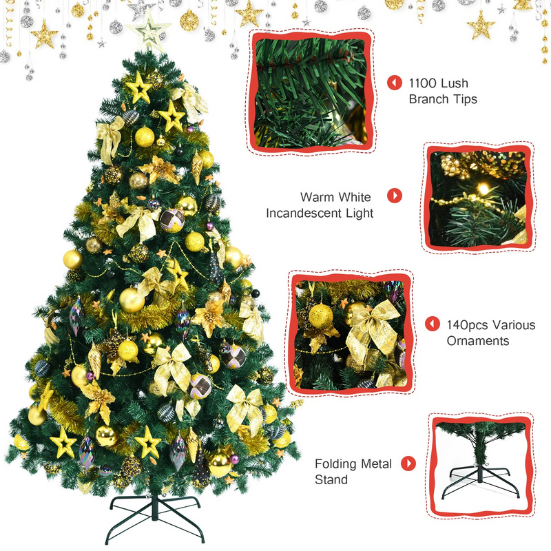 Load image into Gallery viewer, Goplus 7.5FT Pre-Lit Christmas Tree, Artificial Xmas Tree w/ 140 Golden Ornaments, 250 Replaceable LED Lights & 1100 Branch Tips - GoplusUS